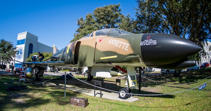 An F-4 Phantom II is repaired by Airmen from the 437th Maintenance Squadron Oct. 18, 2015, at the Citadel in Charleston, S.C. During the recent storms that impacted the east coast, trees damaged the static aircraft. Parts of the wing, underwing and fuselage were severely compromised. The 437th AMXS volunteered weekends to assist the Citadel in repairing the aircraft. (U.S. Air Force photo/Airman 1st Class Clayton Cupit)