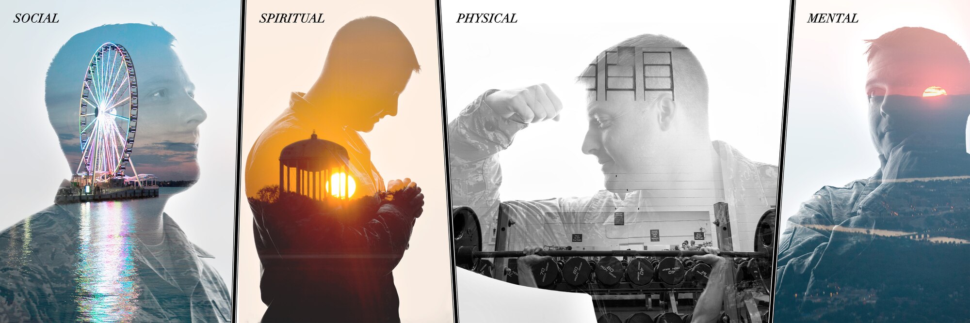Four double exposures combine to represent the four pillars; social, spiritual, physical and mental, that makes up Comprehensive Airmen Fitness. (U.S. Air Force graphic by Airman 1st Class Philip Bryant/Released))