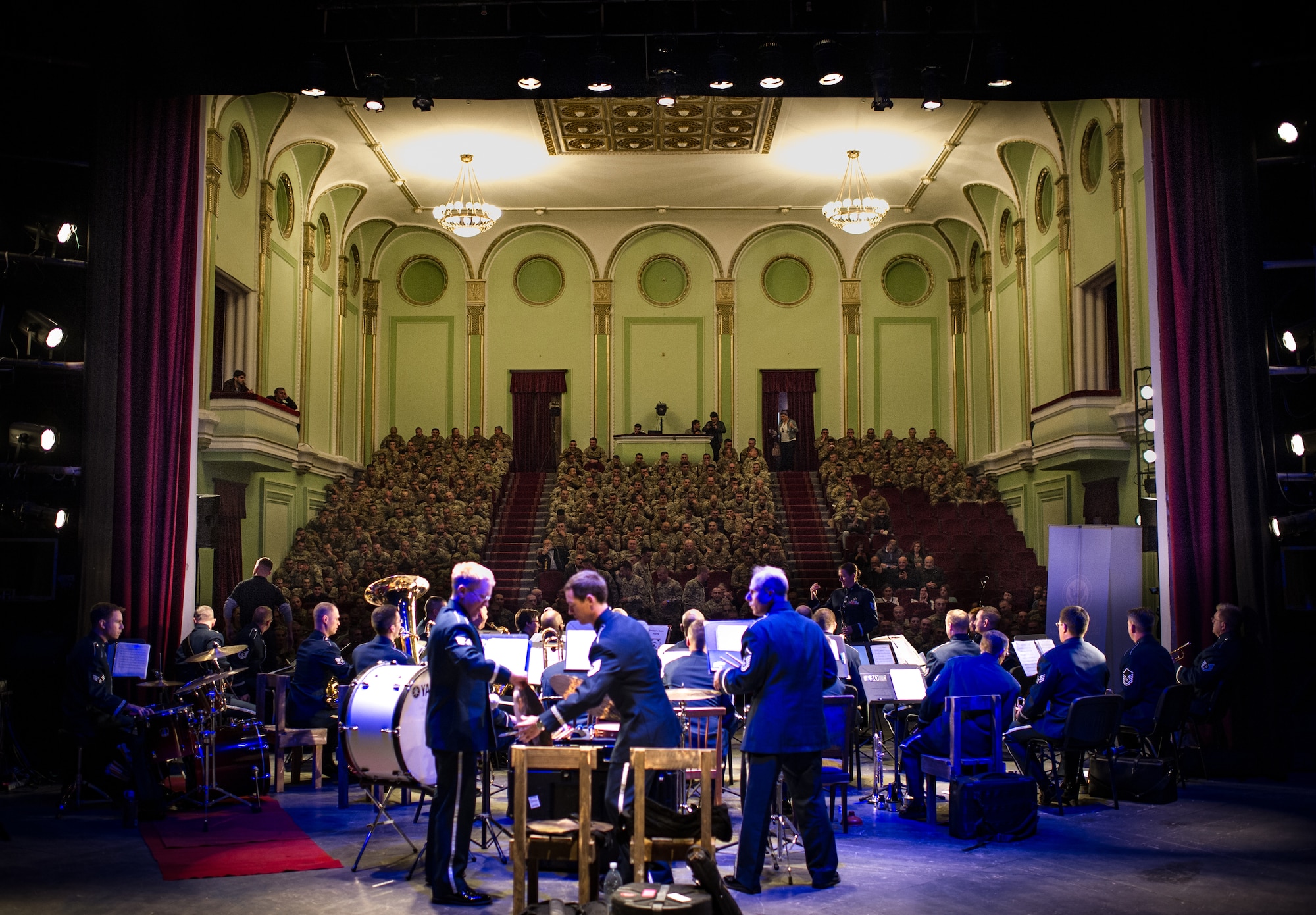 The U.S. Air Forces in Europe Band takes the stage to a packed concert hall full of Georgian soldiers in Gori, Georgia, Oct. 15, 2015. From Oct. 15-19, 33 bandsmen from the U.S. Air Forces in Europe Band traveled to the Republic of Georgia for several events including performing in the First International Military Bands Festival in Tbilisi. This is the first time in nearly 10 years that the USAFE Band has traveled to conduct a mission in the Republic of Georgia. Georgia and the U.S. are proven military partners and engagements like these help to further strengthen the bonds between our two nations. (U.S. Air Force photo/ Tech. Sgt. Ryan Crane)