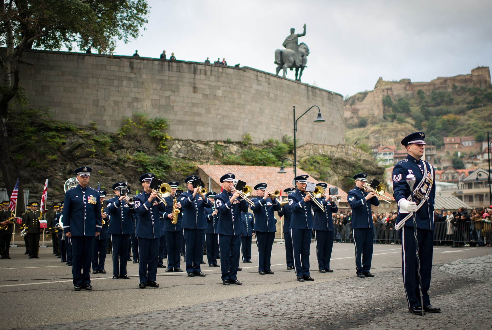 The U.S. Air Forces in Europe Band performs in Tbilisi, Georgia, Oct. 17, 2015. From Oct. 15-19, 33 bandsmen from the U.S. Air Forces in Europe Band traveled to the Republic of Georgia for several events including performing in the First International Military Bands Festival in Tbilisi. This is the first time in nearly 10 years that the USAFE Band has traveled to conduct a mission in the Republic of Georgia. Georgia and the U.S. are proven military partners and engagements like these help to further strengthen the bonds between our two nations. (U.S. Air Force photo/ Tech. Sgt. Ryan Crane)