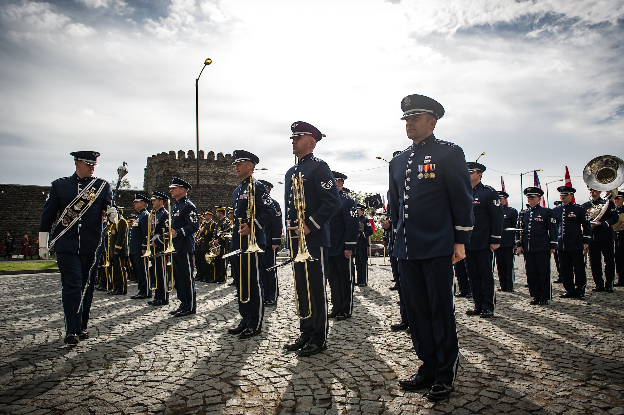 The U.S. Air Forces in Europe Band performs in Kvareli, Georgia, Oct. 18, 2015. From Oct. 15-19, 33 bandsmen from the U.S. Air Forces in Europe Band traveled to the Republic of Georgia for several events including performing in the First International Military Bands Festival in Tbilisi. This is the first time in nearly 10 years that the USAFE Band has traveled to conduct a mission in the Republic of Georgia. Georgia and the U.S. are proven military partners and engagements like these help to further strengthen the bonds between our two nations. (U.S. Air Force photo/ Tech. Sgt. Ryan Crane)