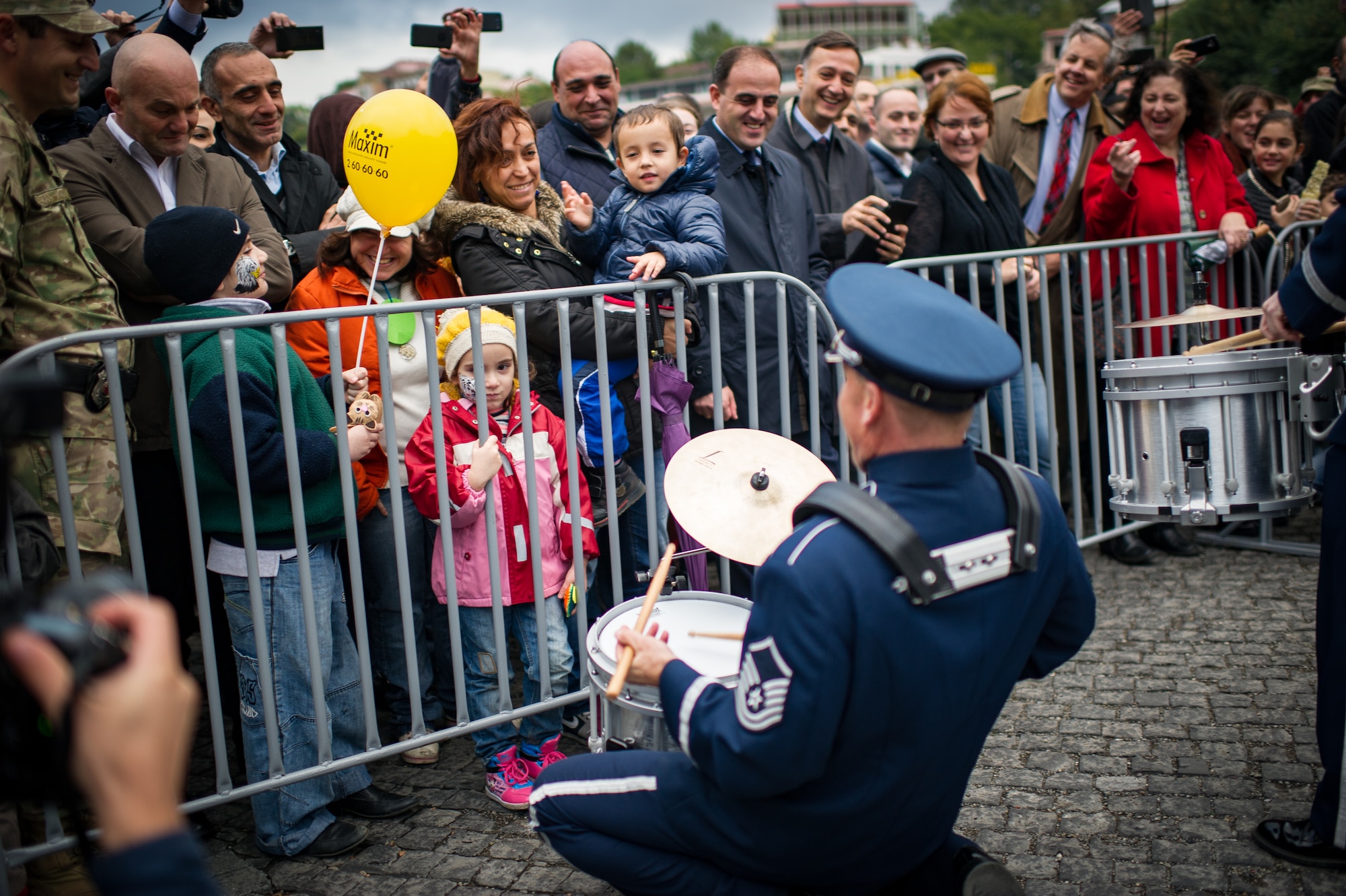 Master Sgt. Steve Przyzycki, U.S. Air Forces in Europe Band percussionist, plays for the crowd during a show in Tbilisi, Georgia, Oct. 17, 2015. From Oct. 15-19, 33 bandsmen from the U.S. Air Forces in Europe Band traveled to the Republic of Georgia for several events including performing in the First International Military Bands Festival in Tbilisi.  This is the first time in nearly 10 years that the USAFE Band has traveled to conduct a mission in the Republic of Georgia. Georgia and the U.S. are proven military partners and engagements like these help to further strengthen the bonds between our two nations. (U.S. Air Force photo/ Tech. Sgt. Ryan Crane)