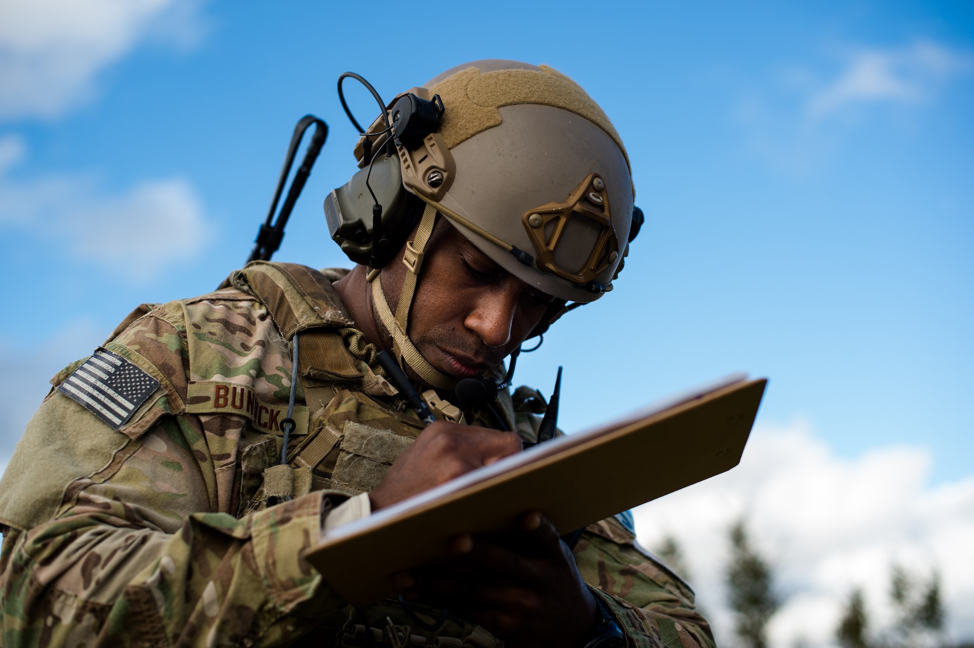 U.S. Air Force Staff Sgt. Therron Bundick, 2nd Air Support Operations Squadron joint terminal attack controller, evaluates two tactical air control party Airmen’s ability to provide close air support for the 503rd Infantry Regiment during exercise Rock Proof V Oct. 16, 2015, at Pocek Training Range, near Postojna, Slovenia. The exercise provided both U.S. Airmen and soldiers the opportunity to train, enhance and develop their skills under controlled live artillery fire, small arms fire and close air support. (U.S. Air Force photo/Staff Sgt. Armando A. Schwier-Morales)