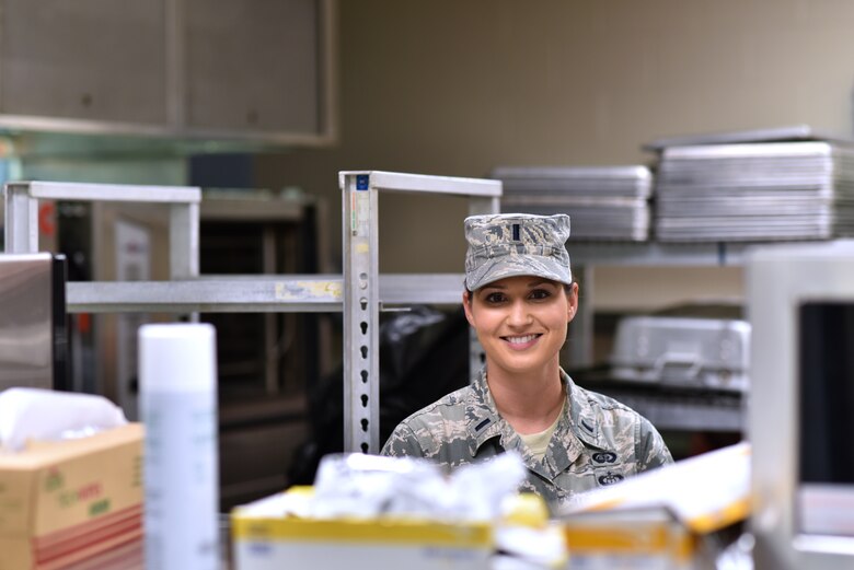 First Lt. Rachel Bowen, 175th Services Flight Commander stands in the  kitchen of Warfield Air National Guard Base's Dining Facility in Baltimore, Md. Bowen is the October Airman Spotlight. (U. S. Air National Guard photo by Senior Master Sgt. Ed Bard/RELEASED)