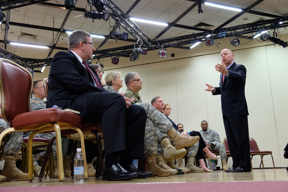 KAISERSLAUTERN, Germany —Mr. James Balocki, the command executive officer for the U.S. Army Reserve, speaks with Soldiers and civilians from the 7th Mission Support Command during a town hall Oct. 22, 2015 on Daenner Kaserne.

He visited with civilian and military leaders during his week-long trip, including the Army Reserve Engagement Cell at U.S. Army Europe, the USAREUR G8, the 21st Theater Sustainment Command Deputy Chief of Staff, Landstuhl Regional Medical Center, Installation Management Command-Europe and USAG Rheinland Pfalz. He also was interviewed by Stars and Stripes as well as the American Forces Network. 

Photo by Sgt. 1st Class Matthew Chlosta, 7th MSC Public Affairs Office)
