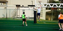 Chief Master Sgt. Dave Abell, 8th Mission Support Group superintendent, blocks a kick during a soccer game against the Republic of Korea air force as part of the Korean and American Friendship Day at Kunsan Air Base, Republic of Korea, Oct. 23, 2015.  They participated in activities throughout the day to celebrate and strengthen the partnership shared by the ROK and U.S. (U.S. Air Force photo by Staff Sgt. Nick Wilson/Released) 