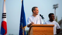 Col.Juris L. Jansons, 8th Fighter Wing vice commander, gives his remarks during the opening ceremony of the Korean and American Friendship Day at Kunsan Air Base, Republic of Korea, Oct. 23, 2015. They participated in activities throughout the day to celebrate and strengthen the partnership shared by the ROK and U.S. (U.S. Air Force photo by Staff Sgt. Nick Wilson/Released) 