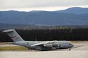 A C-17 Globemaster III lands at 5 Wing Goose Bay, Canada, Oct. 14, 2015. The aircraft carried personnel and cargo participating in Vigilant Shield 16. From Oct. 15-26, approximately 700 members from the Canadian Armed Forces, the U.S. Air Force, the U.S. Navy, and the U.S. Air National Guard are deploying to Iqaluit, Nunavut, and 5 Wing Goose Bay, Newfoundland and Labrador, for exercise Vigilant Shield 16. (U.S. Air Force photo/Tech. Sgt. Joshua J. Garcia)