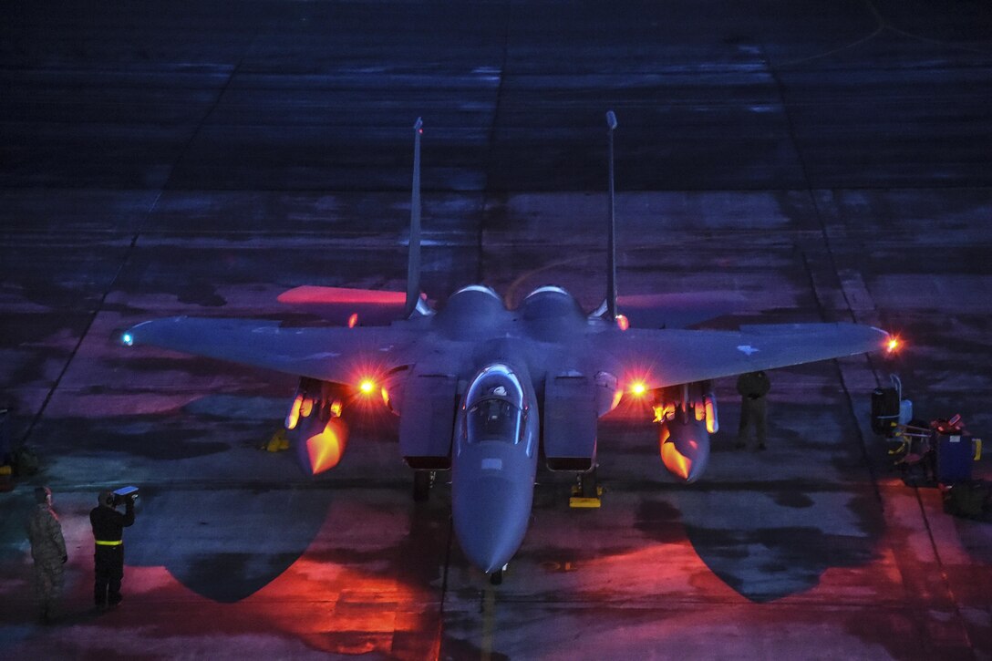 A U.S. Air Force F-15C Eagle prepares to taxi out for takeoff during Vigilant Shield 16 at the 5 Wing Goose Bay base in Labrador, Canada, Oct. 22, 2015. Approximately 700 members from the Canadian Armed Forces and the U.S. Air Force, Navy and Air National Guard are participating in Vigilant Shield. California National Guard photo by Air Force Senior Master Sgt. Chris Drudge