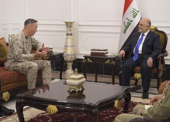 Prime Minister of Iraq, Haider Jawed Kadhim Al-Abadi, meets with U.S. Marine Gen. Joseph F. Dunford Jr., chairman of the Joint Chiefs of Staff, in Baghdad, Iraq, Oct. 20, 2015.