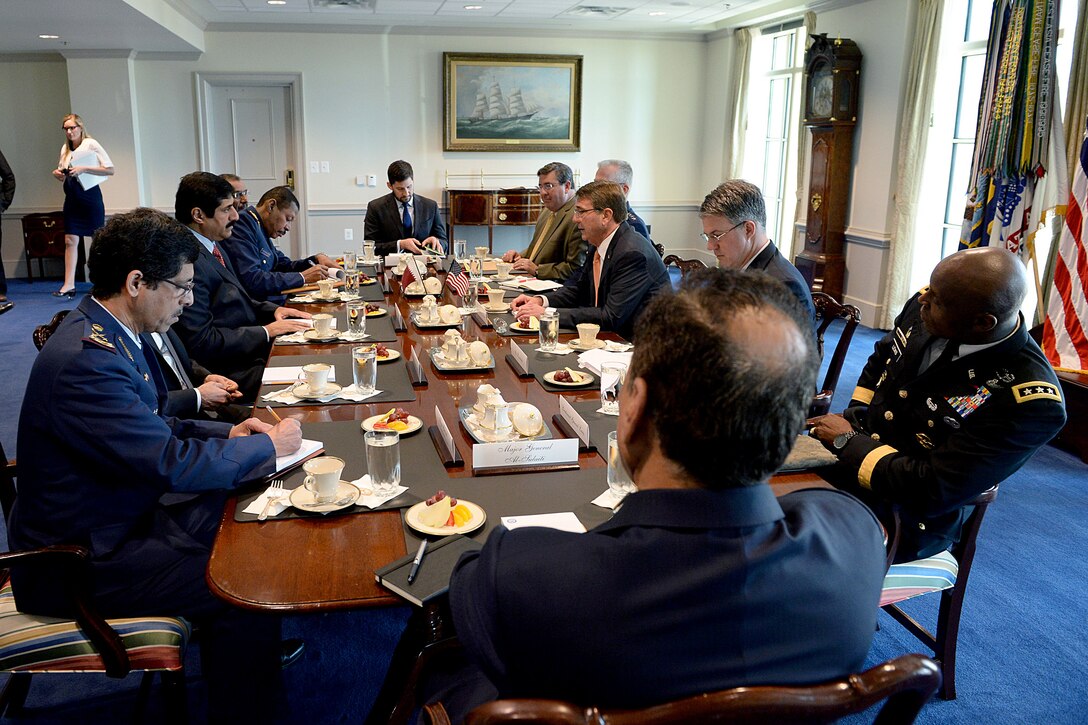 U.S. Defense Secretary Ash Carter meets with Qatari Minister of State for Defense Affairs Hamad bin Ali al-Attiyah at the Pentagon, Oct. 23, 2015. DoD photo by U.S. Army Sgt. 1st Class Clydell Kinchen