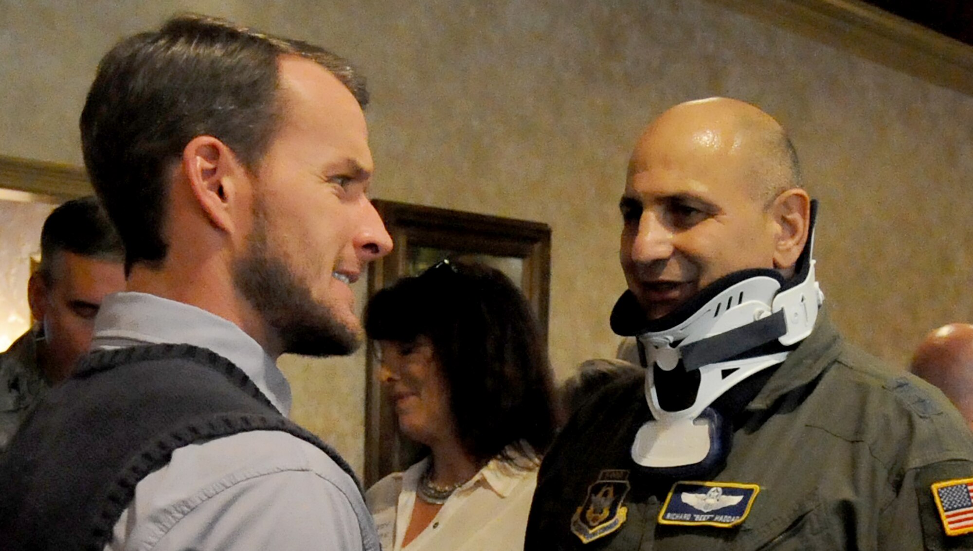 Maj. Gen. Richard S. “Beef” Haddad, Air Force Reserve Command vice commander, converses with a community leader during the Business After Hours event hosted by the Robins Regional and Perry Chambers of Commerce Oct. 22 in Perry, Ga. The events are held periodically by both chambers to allow community, business and military leaders to network and fellowship. (U.S. Air Force photo/Tech Sgt. Mercedes Crossland)