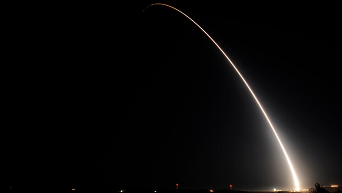 A team of Air Force Global Strike Command Airmen from the 90th Missile Wing at F.E. Warren Air Force Base, Wyo., launched an unarmed Minuteman III intercontinental ballistic missile equipped with a test reentry vehicle from Vandenberg Air Force Base, Calif., Oct. 21, 2015. The ICBM's reentry vehicle, which contained a telemetry package used for operational testing, traveled approximately 4,200 miles to the Kwajalein Atoll in the Marshall Islands. Test launches verify the accuracy and reliability of the ICBM weapon system, providing valuable data to ensure a continued safe, secure and effective nuclear deterrent. (U.S. Air Force photo by Airman 1st Class Ian Dudley) 