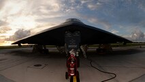 A B-2 Spirit is prepared for a mission on the flightline at Andersen Air Force Base, Guam, Aug. 12, 2015. Three B-2s and about 225 Airmen from Whiteman Air Force Base, Missouri, deployed to Guam to conduct familiarization training activities in the Indo-Asia-Pacific region. (U.S. Air Force photo by Senior Airman Joseph A. Pagán Jr./Released)