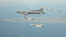 150612-N-ZZ999-001  Baltic Sea (June 12, 2015) -- A U.S. Air Force B-52 flies with Swedish SAAB Gripins during Baltic Operations 2015. BALTOPS is an annual multinational exercise designed to enhance flexibility and interoperability, as well as demonstrate resolve among allied and partner forces to defend the Baltic region. (U.S. Navy/Released) 
