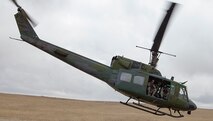 A UH-1N Huey with 37th Helicopter Squadron conducts a security patrol in the missile field East of F.E. Warren Air Force Base, April 8, 2015. 37th HS pilots routinely patrol the missile field to maintain a security presence to protect our country's nuclear assets. (U.S. Air Force photo by Lan Kim)