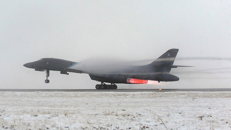 A B-1B Lancer takes off in support Operation Odyssey Dawn from Ellsworth Air Force Base, S.D., March 27, 2011.   This mission marked the first time the B-1 fleet has launched combat sorties from the continental United States to strike targets overseas. (U.S. Air Force photo/Staff Sgt. Marc I. Lane)