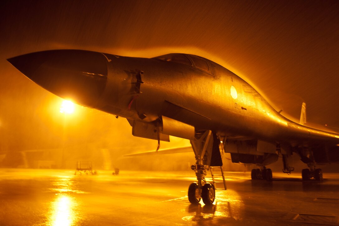 A B-1 Bomber sits on the flightline at Ellsworth Air Force Base, South Dakota.