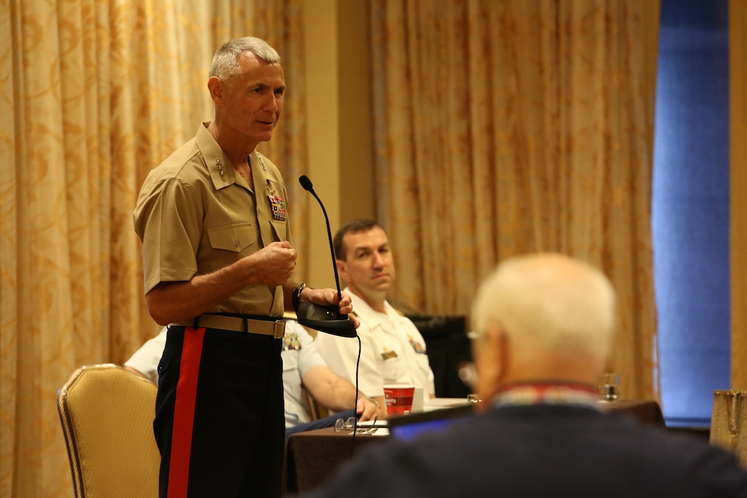 Lt. Gen. Rex McMillian, commander of Marine Forces Reserve and Marine Forces North, addresses members of the Naval Order of the United States during their 125th Annual Congress Oct. 23, 2015, at the Intercontinental Hotel in New Orleans. McMillian joined Rear Adm. David Callahan, commander of Eighth Coast Guard District, and Capt. Scott Gootee, commander of Naval Air Station Joint Reserve Base New Orleans, to address the crowd about the history and evolution of the Marine Corps Reserve, Coast Guard and Naval Reserve components into the comprehensive readiness forces they are today. According to retired Navy Capt. Gary Bair, the host committee chairman for the National Congress of the Naval Order of the United States, the purpose of the congress is to preserve and promote naval service history and heritage. The NOUS is open to veterans of each of the naval services, as well as their descendants. 