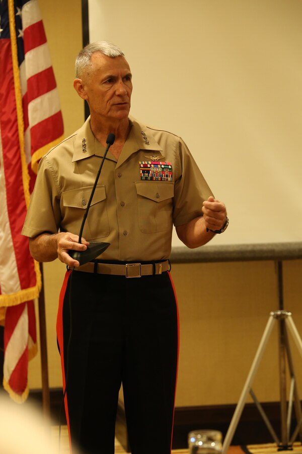Lt. Gen. Rex McMillian, commander of Marine Forces Reserve and Marine Forces North, addresses members of the Naval Order of the United States during their 125th Annual Congress Oct. 23, 2015, at the Intercontinental Hotel in New Orleans. McMillian joined Rear Adm. David Callahan, commander of Eighth Coast Guard District, and Capt. Scott Gootee, commander of Naval Air Station Joint Reserve Base New Orleans, to address the crowd about the history and evolution of the Marine Corps Reserve, Coast Guard and Naval Reserve components into the comprehensive readiness forces they are today. According to retired Navy Capt. Gary Bair, the host committee chairman for the National Congress of the Naval Order of the United States, the purpose of the congress is to preserve and promote naval service history and heritage. The NOUS is open to veterans of each of the naval services, as well as their descendants. 