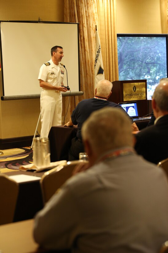 Capt. Scott Gootee, commander of Naval Air Station Joint Reserve Base New Orleans, addresses members of the Naval Order of the United States during their 125th Annual Congress Oct. 23, 2015, at the Intercontinental Hotel in New Orleans. Gootee joined Lt. Gen. Rex McMillian, commander of Marine Forces Reserve and Marine Forces North, and Rear Adm. David Callahan, commander of Eighth Coast Guard District, to address the crowd about the history and evolution of the Marine Corps Reserve, Coast Guard and Naval Reserve components into the comprehensive readiness forces they are today. According to retired Navy Capt. Gary Bair, the host committee chairman for the national congress of the Naval Order of the United States, the purpose of the congress is to preserve and promote naval service history and heritage. The NOUS is open to veterans of each of the naval services, as well as their descendants.
