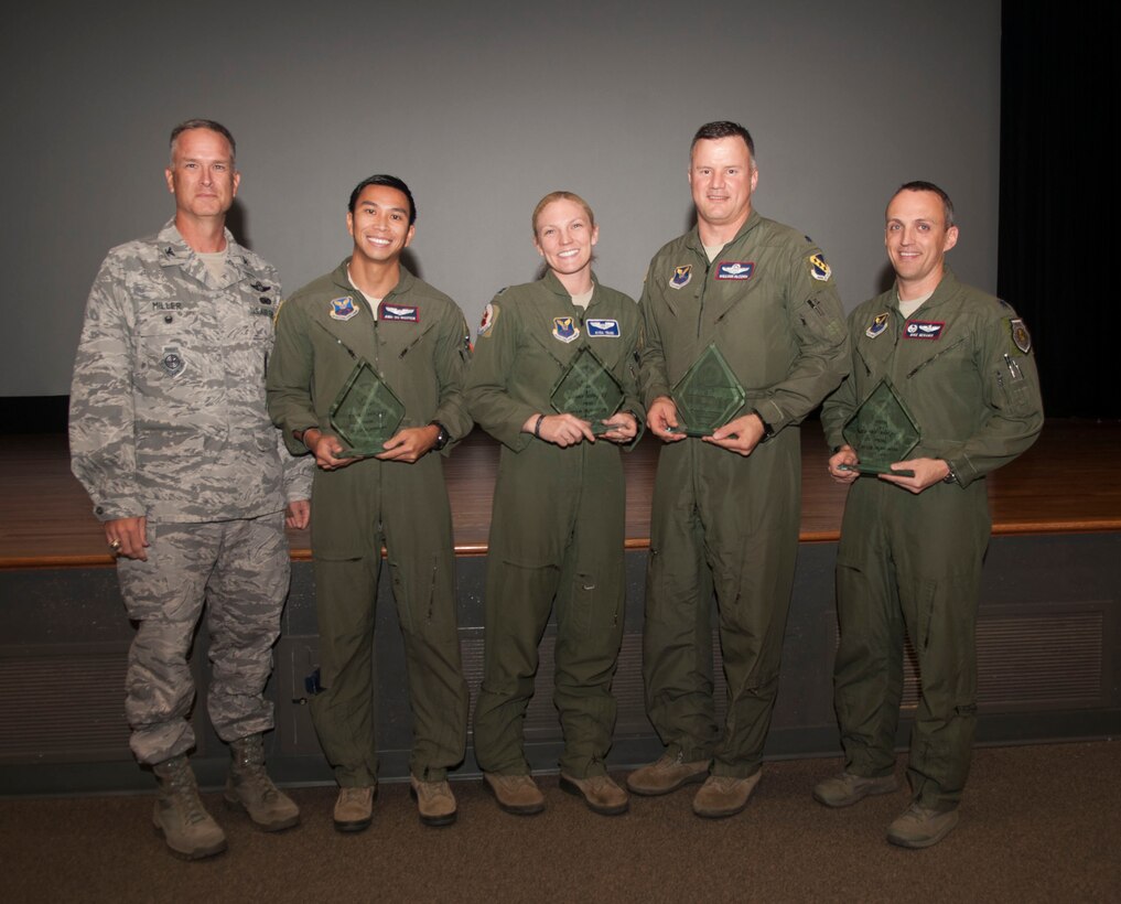 Airmen from the 7th Operations Support Squadron receive the Eaker Trophy Oct. 21, 2015, at Dyess Air Force Base, Texas. The trophy was first presented in 1988 and was received by Dyess in 2010, 2012 and 2014. (U.S. Air Force Photo by Airman First Class Katherine Miller/Released)