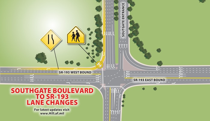 During the Utah Department of Transportation's (UDOT) recent SR-193 construction project, design improvements were made to SR-193 from South Gate Boulevard. As part of the enhancements, UDOT extended the dedicated "free right" turn lane for southbound to westbound turn movements from South Gate Boulevard onto SR-193.  With this free right turn lane, it remains legal to turn right from South Gate Boulevard onto SR-193 without stopping. Drivers must still yield -- that means slow down and prepare to stop for pedestrians and bicyclists at the existing crosswalk -- but can keep motoring if the roadway is clear. (DAVID PERRY/U.S. Air Force graphic)
