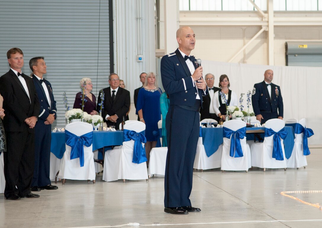 U.S. Air Force Col. Michael Bob Starr, 7th Bomb Wing commander, gives his opening remarks at the Air Force Ball Oct. 17, 2015, at Dyess Air Force Base, Texas. The Air Force Ball is an annual Air Force-wide tradition to celebrate the history and the heritage of the Air Force. This year there were 780 guests in attendance, which included Airmen, spouses, Abilene Chamber of Commerce and Military Affairs Committee members. (U.S. Air Force photo by Airman 1st Class Austin Mayfield/Released)