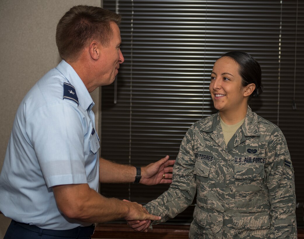 Airman 1st Class Cynthia Scott-Torres, 82 Training Wing military justice paralegal and native of Visalia, Calif., has been in the Air Force for two years and two months and is the Commander's Wingman of Choice at Sheppard Air Force Base, Texas, for the week of Oct., 20-26, 2015. Scott-Torres ensures that good order and discipline is achieved by processing non-judicial punishment and court-martial actions. (U.S. Air Force photo/Senior Airman Kyle Gese)