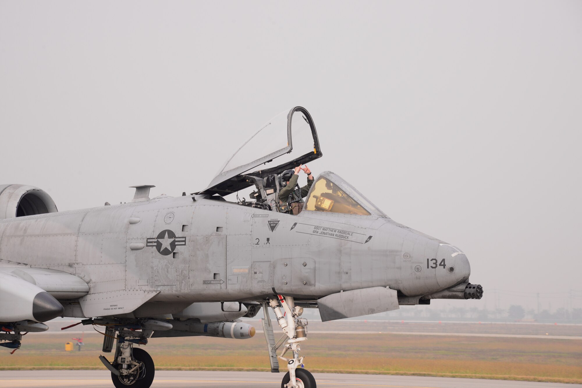 A pilot taxis an A-10 Thunderbolt II along the runway of Osan Air Base, Republic of Korea Oct. 16, 2015. A-10s from the 25th Fighter Squadron participated in the combat search and rescue exercise Pacific Thunder 15-02. Exercise Pacific Thunder brought together U.S. forces from the Air Force, Marines, and units from the Republic of Korea air force to practice air combat and CSAR by focusing on enhancing interoperability and combat readiness of the military alliance across the Korean Peninsula. (U.S. Air Force photo by Staff Sgt. Benjamin Sutton)