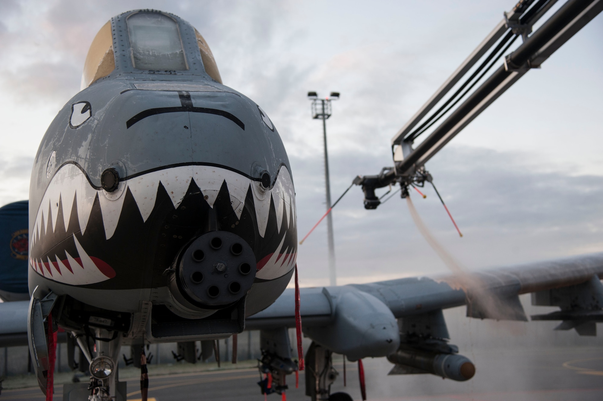 Estonian air force maintainers deice the wing of a 74th Expeditionary Fighter Squadron A-10 Thunderbolt II attack aircraft assigned to the 23d Wing at Moody Air Force Base, Georgia, on the flightline at Amari Air Base, Estonia, Oct. 8, 2015. Twelve A-10 aircraft and approximately 350 Airmen deployed as part of a Theater Security Package will spend the next several months working alongside their NATO allies in support of Operation Atlantic Resolve. (U.S. Air Force photo by Andrea Jenkins/Released)