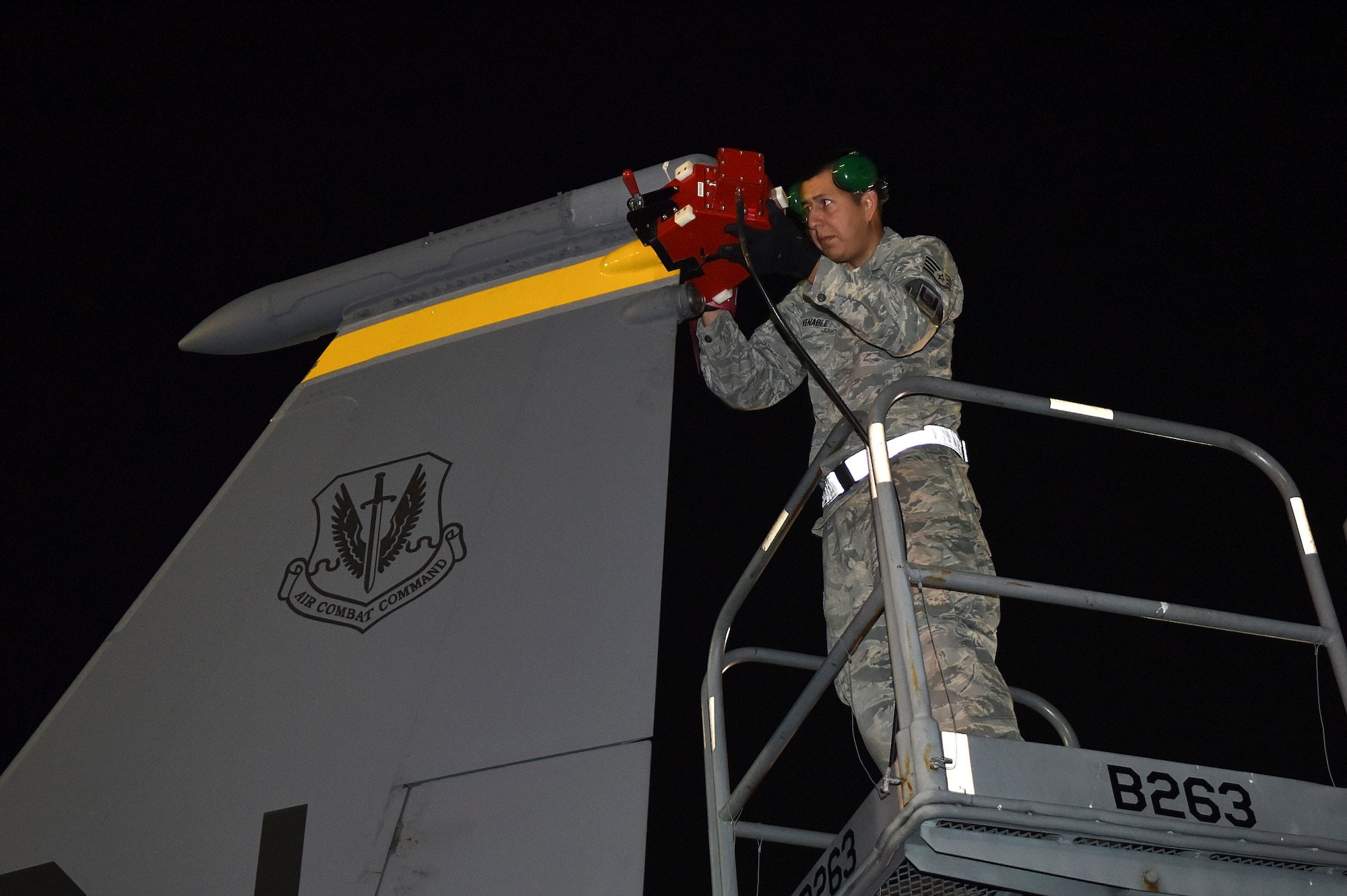 Staff Sgt. Gregory Venable, a Combat Shield team member assigned to the 16th Electronic Warfare Squadron, Eglin Air Force Base, Florida, attaches an antenna coupler to an F-15E Strike Eagle during Combat Shield, Oct. 20, 2015, at Seymour Johnson Air Force Base, North Carolina. Each year, the Combat Shield team compiles test data from across the Combat Air Force, which is reviewed by Air Combat Command to determine the functionality of its aircraft and maintenance program effectiveness. (U.S. Air Force photo/Senior Airman Aaron J. Jenne)