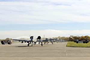 151022-Z-EZ686-160 -- Ten A-10 Thunderbolt II aircraft of the 127th Wing's 107th Fighter Squadron from Selfridge Air National Guard Base, Mich., receive a warm welcome home to the base after a six month deployment on October 22, 2015.  The Warthogs had deployed to southwest Asia in support of U.S. Central Command’s Operation Inherent Resolve last April. (U.S. Air National Guard photo by Master Sgt. David Kujawa)