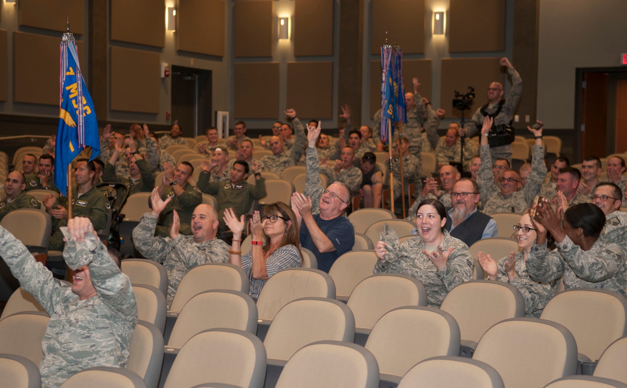 U.S. Air Force Airmen from across the 7th Bomb Wing celebrate the results of the 2015 Air Force Global Strike Challenge Oct. 21, 2015, at Dyess Air Force Base, Texas. During the challenge, maintenance, operations and security forces teams from bomber and missile wings across the Air Force competed to be named best of the best.  (U.S. Air Force Photo by Airman First Class Katherine Miller/Released)