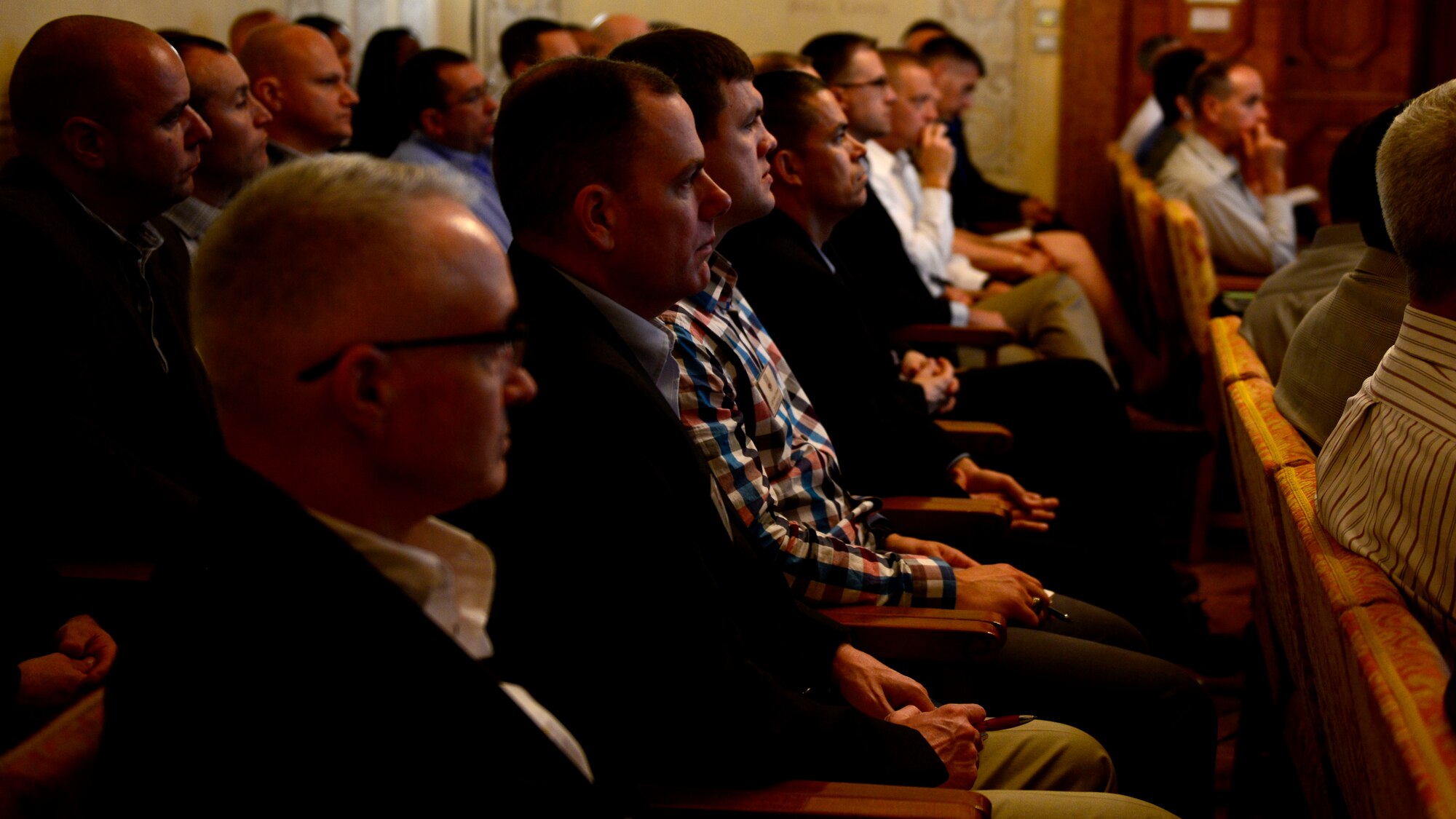 Members of the 521st Air Mobility Operations Wing attend a commander’s call, Oct. 20, 2015. Wing leadership from across Europe came together to discuss their strategy to meet global mobility requirements.  Additionally, they discussed personal successes and challenges, professional development subjects and senior enlisted topics. (U.S. Air Force photo by Senior Airman Areca T. Bell/Released)