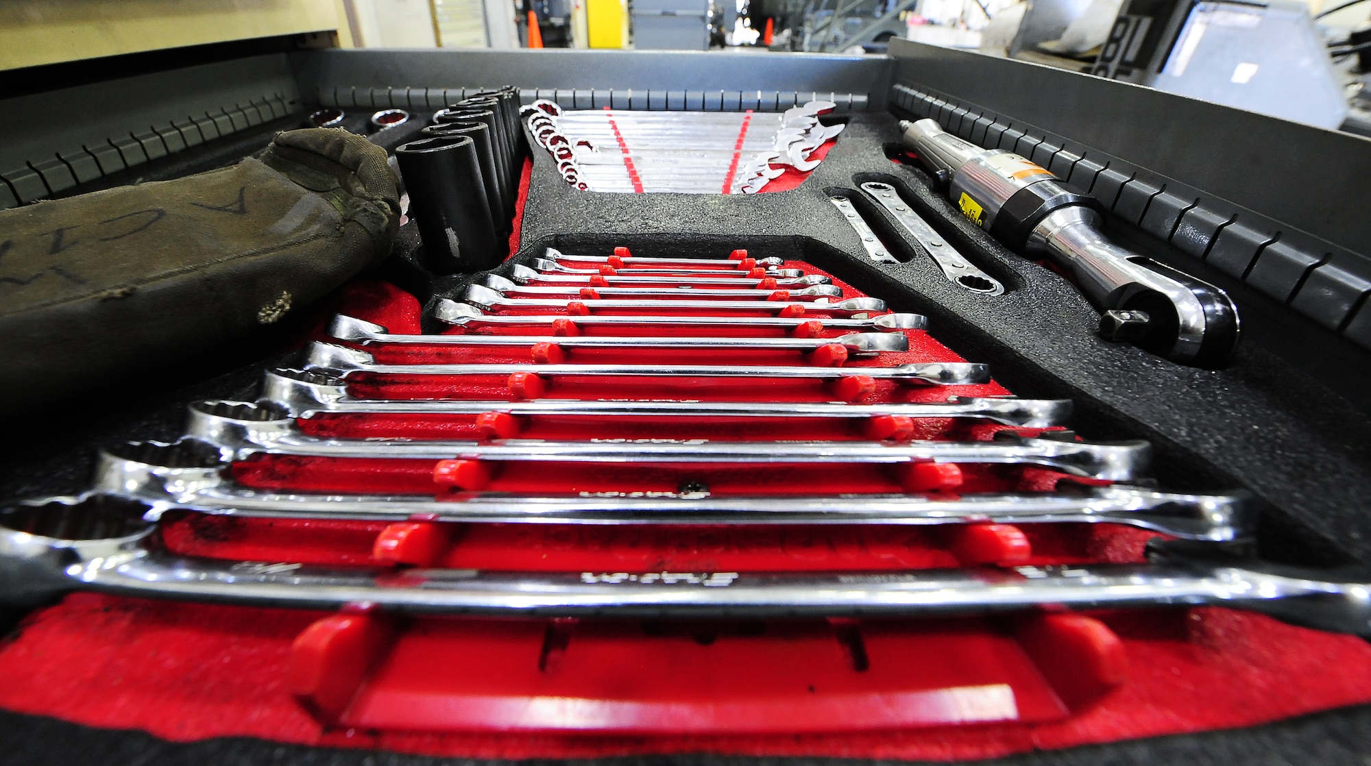 Tools used to perform maintenance by the aerospace ground equipment shop lie organized in a toolbox at Whiteman Air Force Base, Mo., Oct. 21, 2015. These tools are used for the installation and removal of hardware during maintenance for equipment that is used by aircraft crew chiefs as well as weapon loaders (U.S. Air Force photo by Senior Airman Keenan Berry/Released)