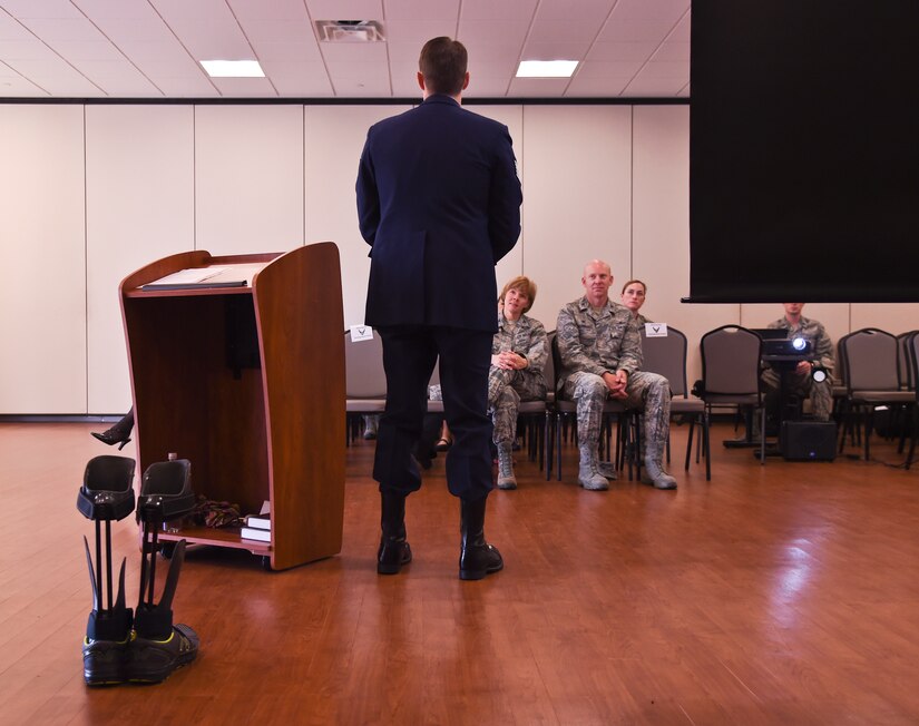 Tech. Sgt. Alex Eudy, Special Operations weather team craftsman, speaks at the Community Commons on Joint Base Andrews, Oct. 22, 2015, for Disability Employment Awareness Month. During his service thus far, he is a recipient of the Purple Heart, Joint Commendation Medal, Air Force Commendation Medal, and the Air Force Achievement Medal. (Photo by Senior Airman Mariah Haddenham/Released)