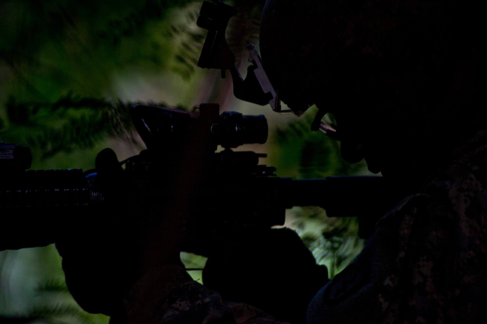 A Soldier from the 25th Infantry Division scans the tree line for potential threats during a field training exercise on Bellows Air Force Station, Hawaii, Oct. 21, 2015. The FTX was a combined training opportunity for Airmen from the 25th ASOS and Soldiers from the 25th ID to work together as they would in a deployed location. The Airmen from the 25th ASOS focused on their abilities to communicate with the Army ground commanders to call in air support from a variety of air to ground assets. (U.S. Air Force photo by Tech. Sgt. Aaron Oelrich/Released)