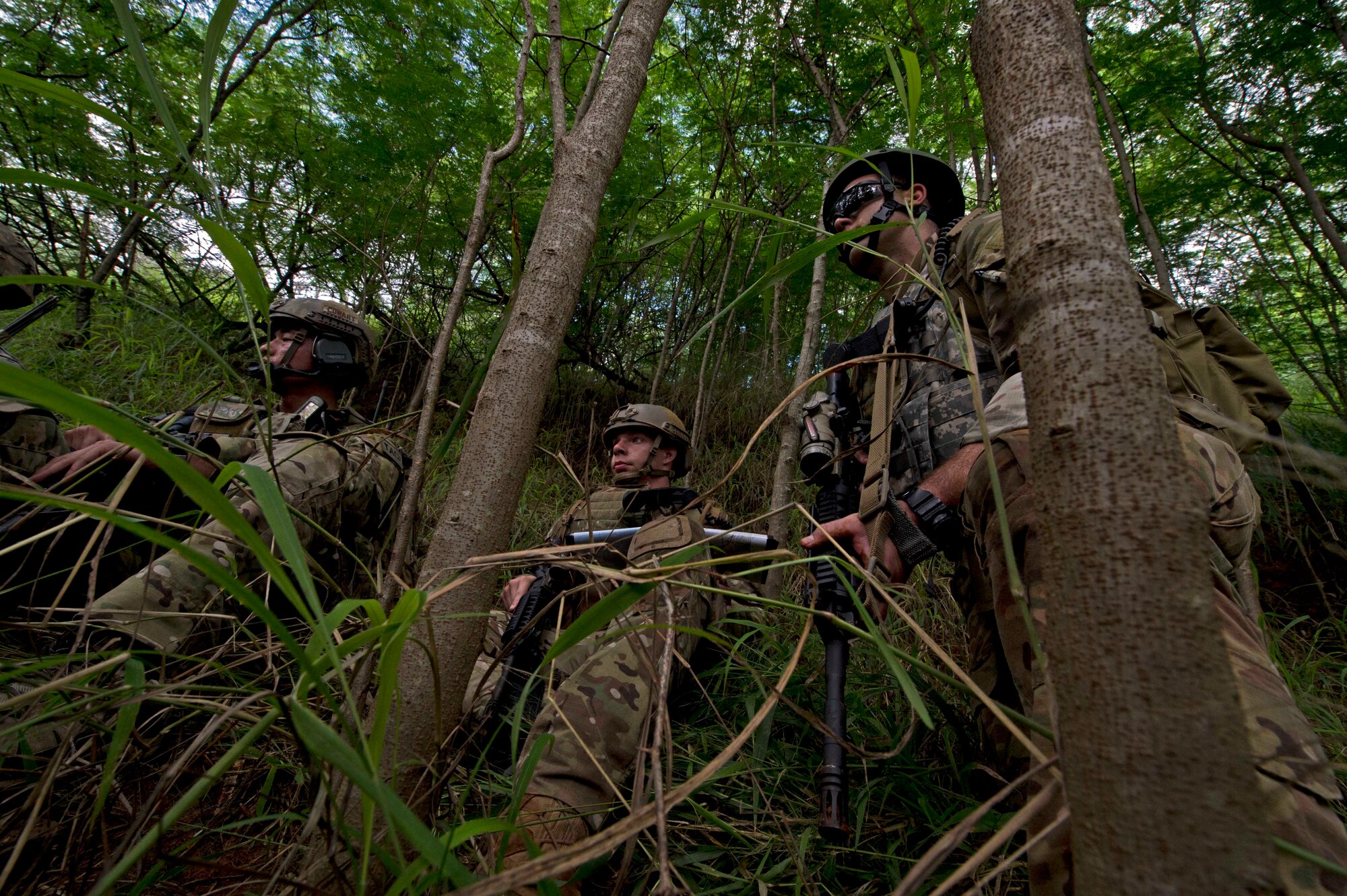 Staff Sgt. Jared Cowart (left) and Airman Jeffrey Lake (center), joint tactical air controllers from the the 25th Air Support Operations Squadron, along with a Soldier from the 25th Infantry Division, survey the tree line as they move toward a combat objective during a field training exercise on Bellows Air Force Station, Hawaii, Oct. 21, 2015. The FTX was a combined training opportunity for Airmen from the 25th ASOS and Soldiers from the 25th ID to work together as they would in a deployed location. A FTX requires military members to deploy to field locations to conduct tactical operations under simulated combat conditions. (U.S. Air Force photo by Tech. Sgt. Aaron Oelrich/Released)