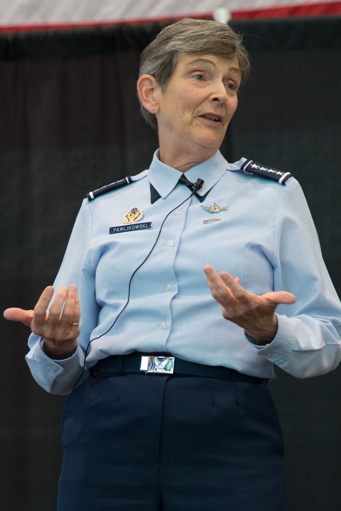 Gen. Ellen M. Pawlikowski, commander of Air Force Materiel Command, informs Airmen about strategic agility, personnel issues and the status of the command during an all-call meeting at Hanscom AFB, Mass., Oct. 21. During the commander’s two-day visit to  the Hanscom area, Pawlikowski received program demonstrations from both base directorates, briefings on several Air Base Group offices, toured two federally funded research and development centers and met with local and state officials. (U.S. Air Force photo by Mark Herlihy)