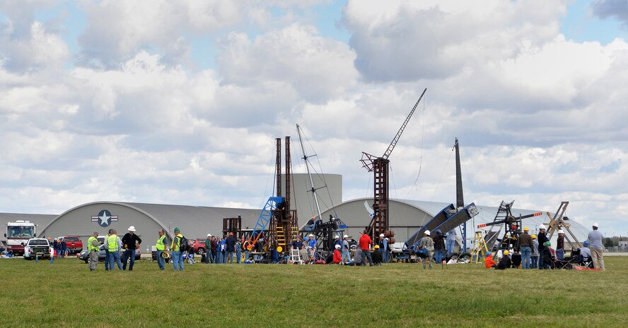 Teams with their pumpkin launchers prepare to compete in the 11th annual Pumpkin Chuck, held near the flight line behind the National Museum of the U.S. Air Force at Wright-Patterson Air Force Base on Oct. 16. The event raises money for the Combined Federal Campaign, an annual fundraiser that provides federal employees an opportunity to contribute to local, national and international nonprofit charitable organizations. (U.S. Air Force photo / Michelle Gigante)