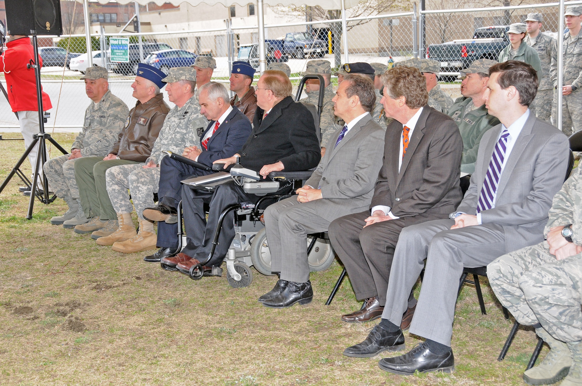 Rhode Island National Guard Leadership and Rhode Island Political Leaders attend a ground breaking ceremony for the new simulator facility to be located at the 143d Airlift Wing, Quonset Air National Guard Base, North Kingstown, RI. National Guard Photo by Master Sgt Janeen Miller (RELEASED)