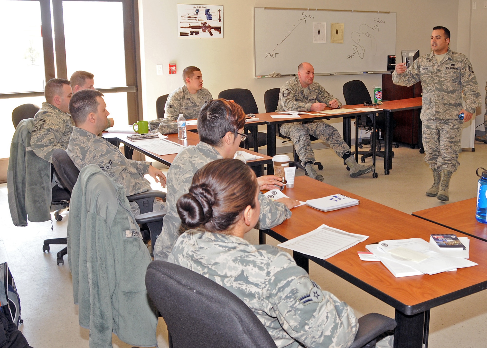 Technical Sergeant Luis Torres, 4th Fighter Wing, briefs new Resilience Training Assistants from the 143d Airlift Wing, 102nd Network Warfare Squadron and the 282nd Combat Communications Squadron, Rhode Island Air National Guard at Quonset Air National Guard Base, North Kingstown, Rhode Island. National Guard Photo by Tech Sgt Jason Long (RELEASED)