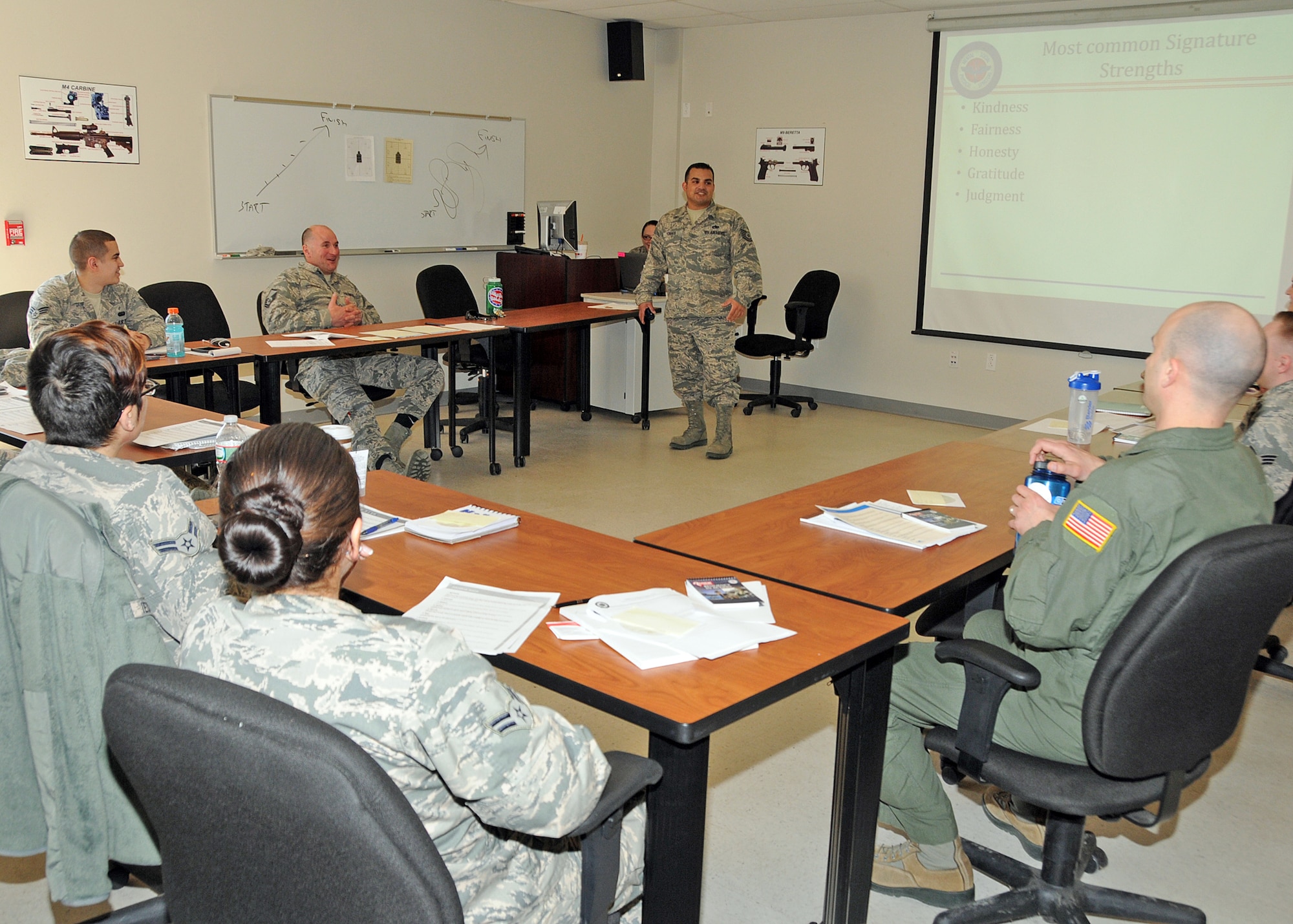 Technical Sergeant Luis Torres, 4th Fighter Wing, briefs new Resilience Training Assistants from the 143d Airlift Wing, 102nd Network Warfare Squadron and the 282nd Combat Communications Squadron, Rhode Island Air National Guard at Quonset Air National Guard Base, North Kingstown, Rhode Island. National Guard Photo by Tech Sgt Jason Long (RELEASED)