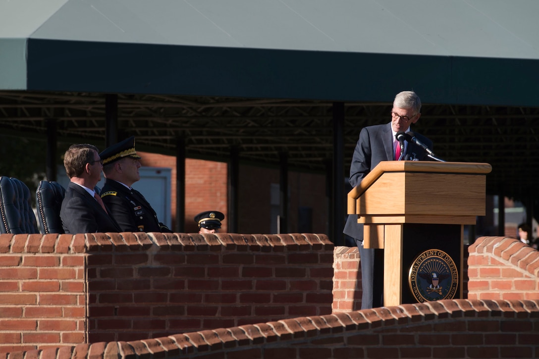 Army Secretary John M. McHugh delivers remarks at a farewell ceremony in his honor on Joint Base Myer-Henderson Hall, Va., Oct. 23, 2015.  DoD photo by Air Force Senior Master Sgt. Adrian Cadiz