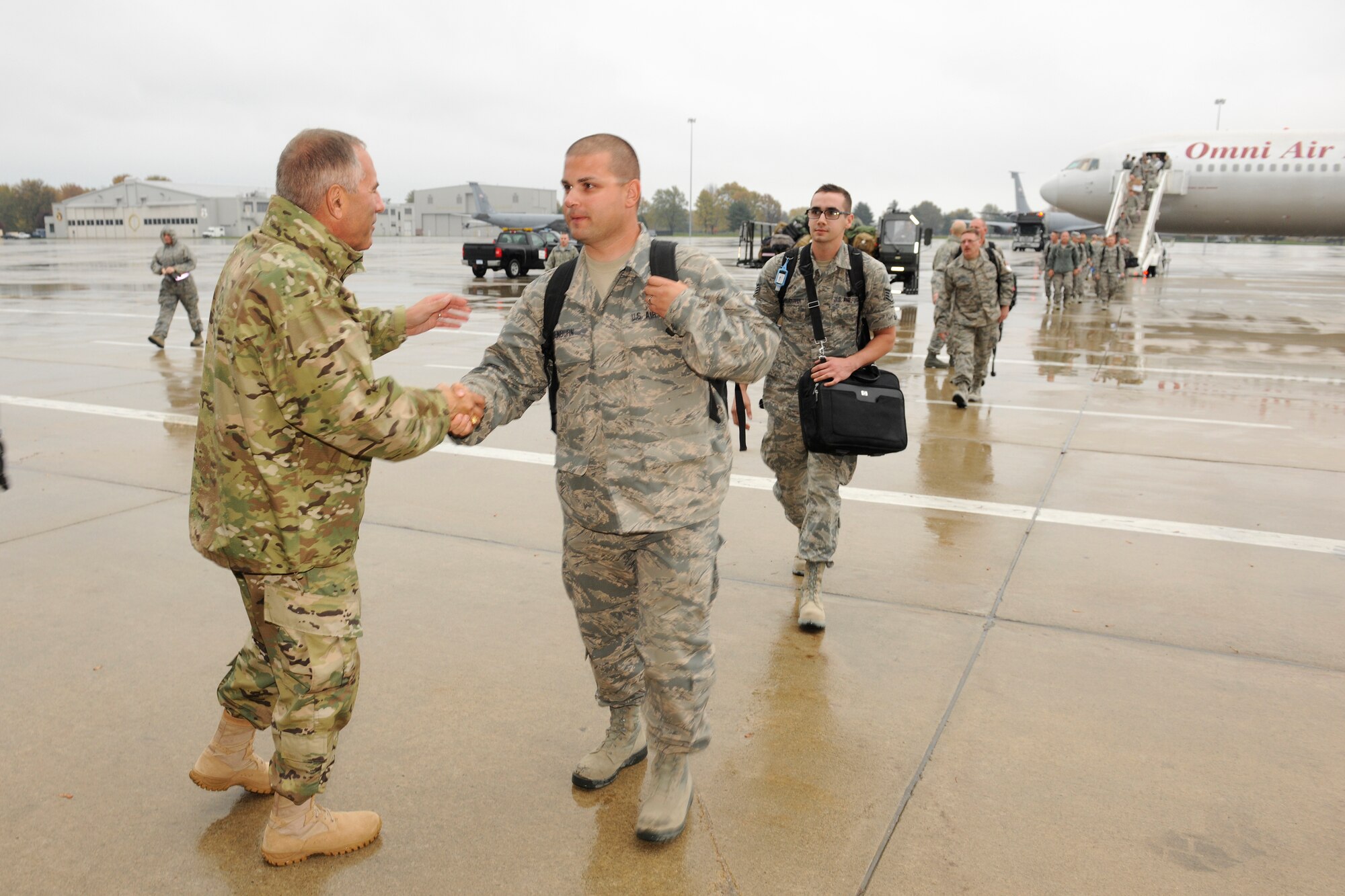 151024-Z-EZ686-196 -- Major Gen. Gregory J. Vadnais, adjutant general of Michigan, welcomes home hundreds of Airmen from the 127th Wing, Selfridge Air National Guard Base, Mich., on October 24, 2015 after a six month to Southwest Asia in support of U.S. Central Command's Operation Inherent Resolve.   (U.S. Air National Guard photo by Master Sgt. David Kujawa)