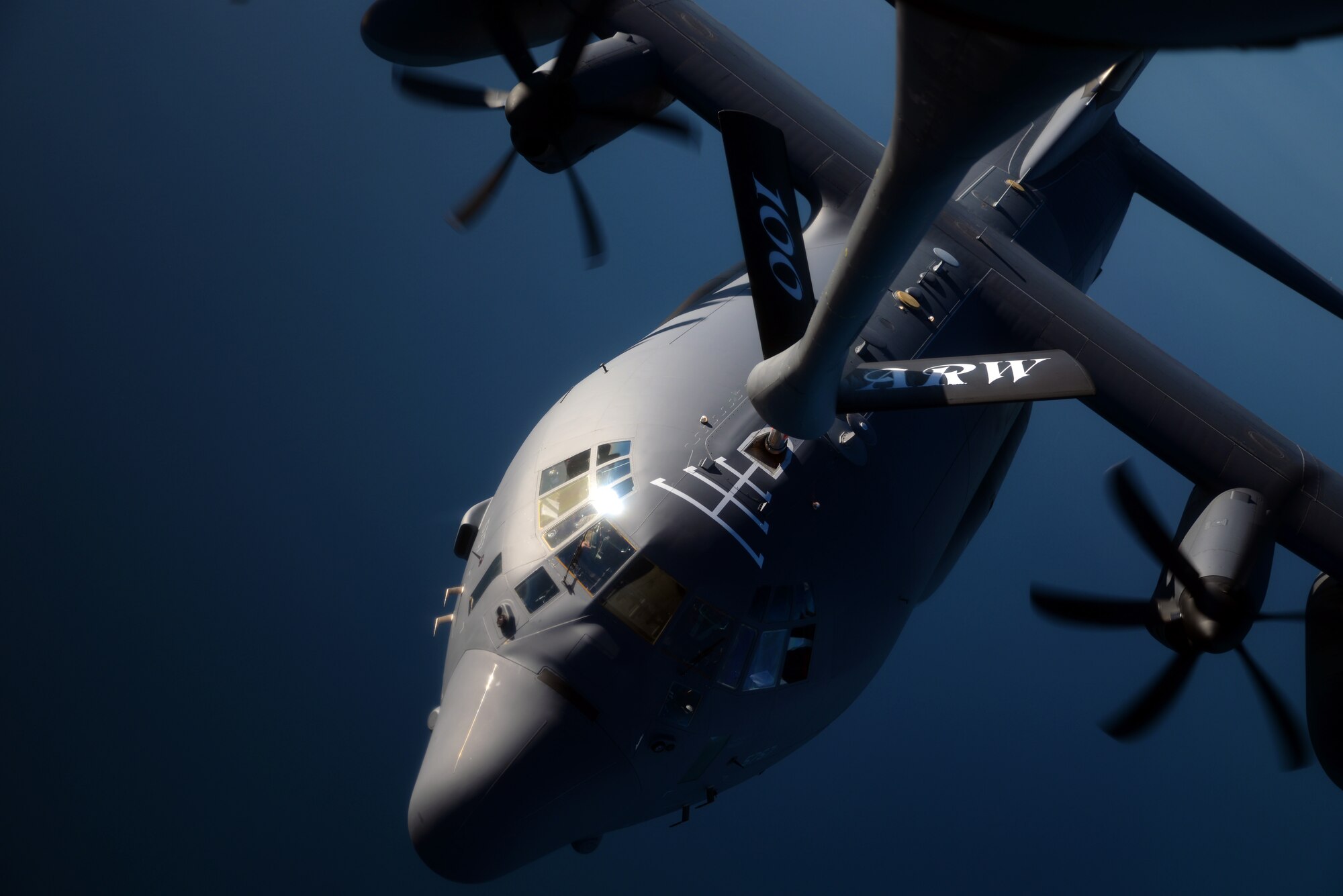 A U.S. Air Force MC-130J Commando II from RAF Mildenhall, England, receives fuel from a KC-135 Stratotanker from RAF Mildenhall, England, Oct. 22, 2015, over the Atlantic Ocean. The two aircraft were training in exercise Trident Juncture, an exercise designed to help militaries respond more effectively to regional crises with NATO allies and partners – improving security of borders, ensuring energy security and countering threats of terrorism. (U.S. Air Force photo by Senior Airman Christine Halan/Released)