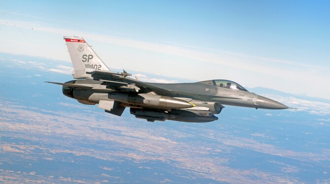 A U.S. Air Force F-16 Fighting Falcon from Spangdahlem Air Base, Germany, flies over Spain Oct. 22, 2015, for Exercise Trident Juncture. Exercise Trident Juncture is a NATO-led exercise to help enhance military interoperability and team work with NATO allies and partners. (U.S. Air Force photo by Senior Airman Christine Halan/Released)