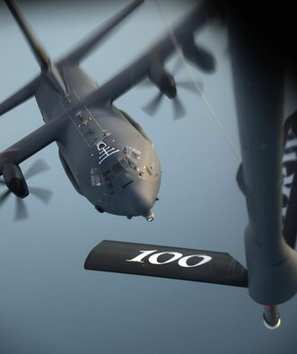 A U.S. Air Force MC-130J Commando II from RAF Mildenhall, England, prepares to receive fuel from a KC-135 Stratotanker from RAF Mildenhall, England, Oct. 22, 2015, over the Atlantic Ocean. The two aircraft were training in exercise Trident Juncture, an exercise designed to help militaries respond more effectively to regional crises with NATO allies and partners – improving security of borders, ensuring energy security and countering threats of terrorism. (U.S. Air Force photo by Senior Airman Christine Halan/Released)
