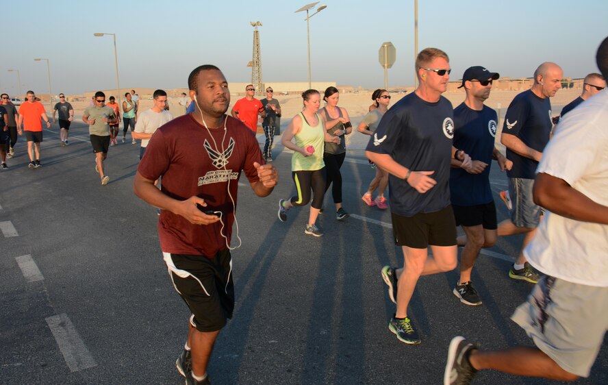 More than 150 people begin the 3.1 mile Dignity and Respect 5K Oct. 23, 2015 at Al Udeid Air Base, Qatar. 
The race was organized to foster a culture of dignity and respect among service members. (U.S. Air Force photo by Tech. Sgt. James Hodgman/Released)
